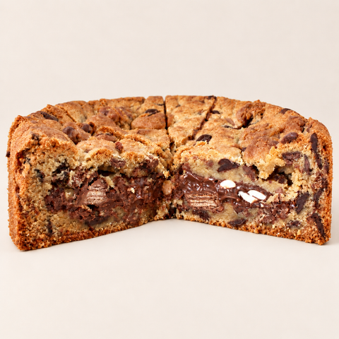 A chocolate chip cookie cut into wedges, with one slice cut open to show the thick cookie batter and melted chocolate filling, on a plain light beige background.