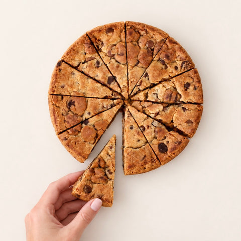 A round chocolate chip cookie pie cut into slices, with one slice being lifted by a hand against a plain light beige background.