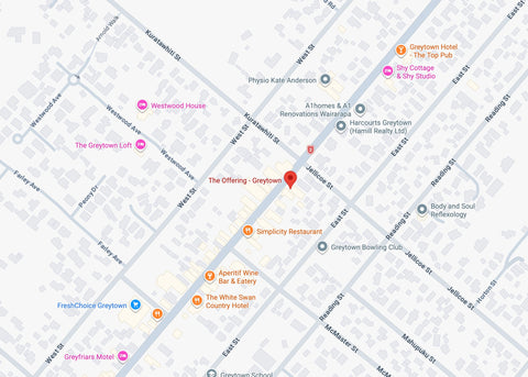 A street map centered on The Offering - Greytown, showing nearby landmarks, restaurants, and hotels such as The White Swan Country Hotel, Aparfit Wine Bar & Eatery, and The Greytown Loft. A red pin marks The Offering.