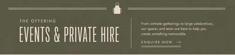 A dark gray banner with white text reading 'THE OFFERING EVENTS & PRIVATE HIRE' and a small icon of a party hat above the heading. Additional text on the right says 'From intimate gatherings to large celebrations, our spaces and team are here to help you create something memorable.